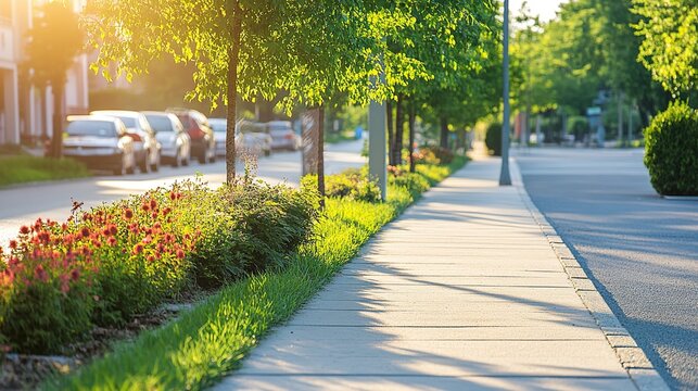 A vibrant and inviting image showcasing safe sidewalks designed for pedestrians. This scene emphasizes the importance of walkability in urban environments, featuring wide, well-maintained pathways