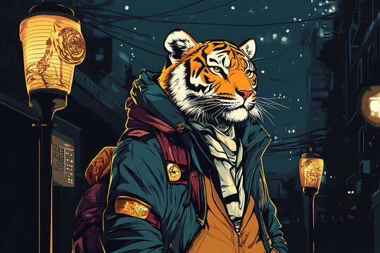 A stylized figure wearing a tiger mask stands in a dimly lit urban setting.