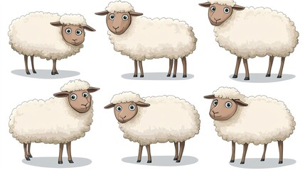 A delightful cartoon-style illustration of a sheep set against a clean white background. This whimsical depiction features the sheep with fluffy wool, expressive eyes, and a cheerful demeanor, 