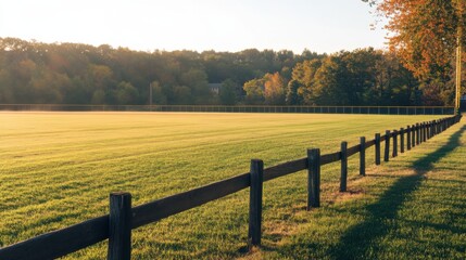 Fototapeta premium A serene outdoor baseball field with neatly mowed grass and a rustic wooden fence, surrounded by autumn foliage, golden hour light casting a warm glow