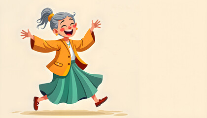 Obraz premium Cartoon elderly woman dancing joyfully indoors.