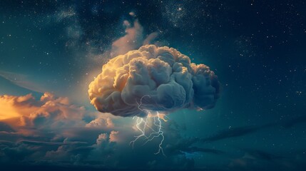 a brain-shaped cloud floating in a sky filled with stars, with lightning bolts illuminating its convolutions
