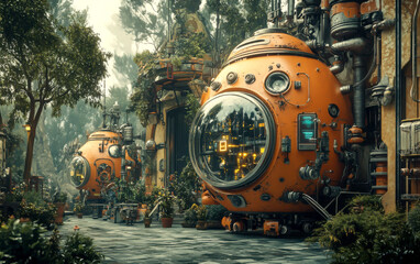 Futuristic orange submarines in a lush environment create a unique blend of technology and nature in this captivating scene.