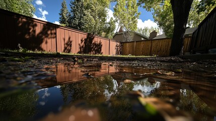 Obraz premium Backyard with standing water reflecting the surrounding trees and sky, capturing the serene beauty of nature's reflection and the tranquility of a still moment.