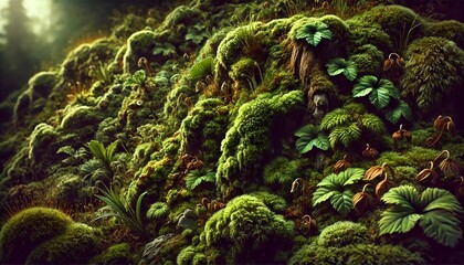 Lush Moss-Covered Forest Landscape with Vibrant Green Foliage and Delicate Plants Nestled in a Serene Woodland Scene