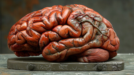 Close-up of human brain model with visible tumor, neutral background, soft lighting, medical focus, detailed representation, educational tool for medical professionals and students.