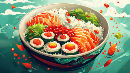 Delicious sushi bowl featuring vibrant salmon, rice, and garnishes, beautifully illustrated in colorful, cartoonish style. artwork captures essence of Japanese cuisine