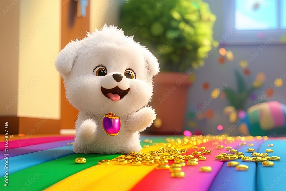 Poster a small white teddy bear standing on top of a rainbow colored table