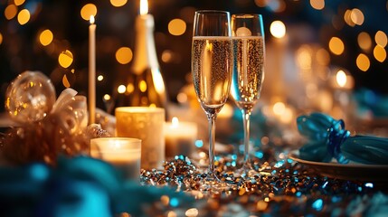 A close - up shot of a table adorned with New Year's decorations, including glittering candles, sparkling confetti, and elegant champagne glasses