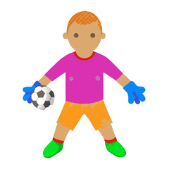 Soccer Goalkeeper Cartoon Illustration: A friendly, cartoon soccer goalkeeper stands ready to defend the goal, holding a soccer ball in his gloved hands. This illustration is perfect for kids' books.