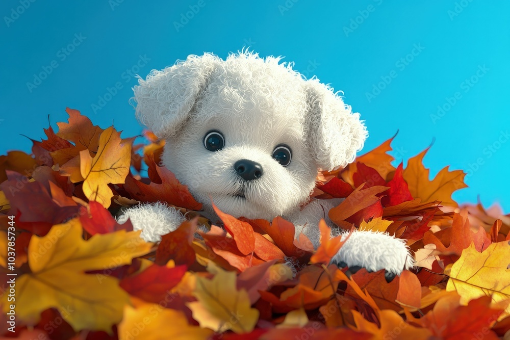 Poster a white teddy bear sitting in a pile of leaves