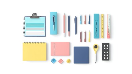 Colorful Stationery Set on White Background