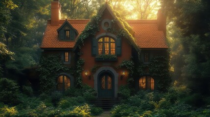 Fototapeta premium an imposing old house draped in lush ivy stands amidst a serene landscape reflecting a sense of history and mystery with soft sunlight filtering through the leaves