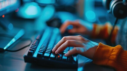 Close-up of hands typing on a keyboard with colorful lighting, showcasing intense focus and technology in a modern workspace environment.