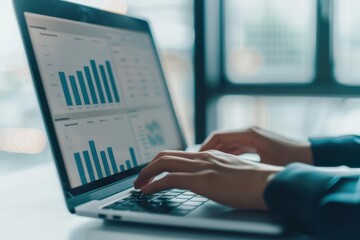 Close-up of hands typing on a laptop with data analytics on the screen. Concept of business analysis, finance, and report management.