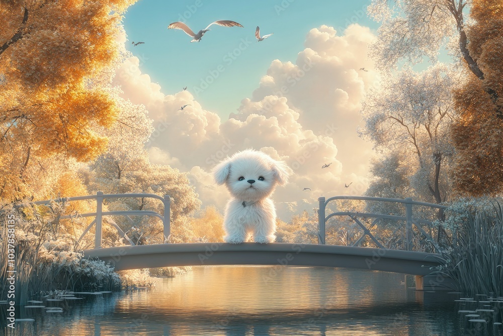 Poster a white dog is standing on a bridge