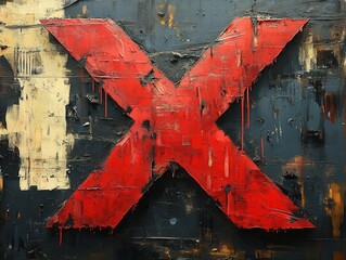 a striking grunge red 'x' mark stands boldly against a stark background. its raw texture conveys a sense of urgency and defiance, drawing attention to the power of rejection