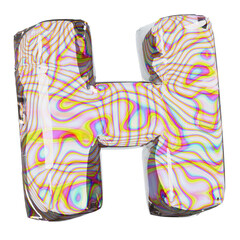 3d Iridescent letter H on white background with colorful swirling pattern. Suitable for branding, typography design, or educational materials.