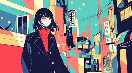 秋の街にいるおしゃれなアニメ風の女の子