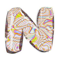 3d Letter N with an iridescent white rainbow swirling pattern suitable for graphic design, branding, backgrounds, and vibrant artistic projects.