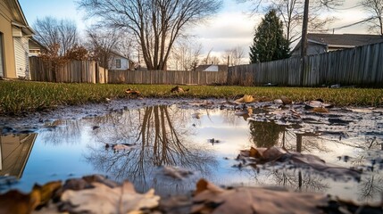Fototapeta premium Backyard with standing water reflecting the surrounding trees and sky, capturing the serene beauty of nature's reflection and the tranquility of a still moment.