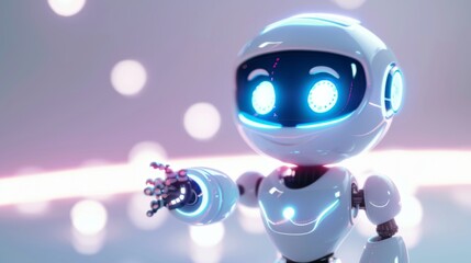 Positive cute robot pointing at a space. Copy space