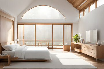 interior of bedroom with bed, white-toned house
