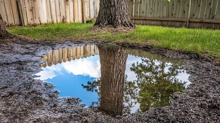 Backyard with standing water reflecting the surrounding trees and sky, capturing the serene beauty of nature's reflection and the tranquility of a still moment.