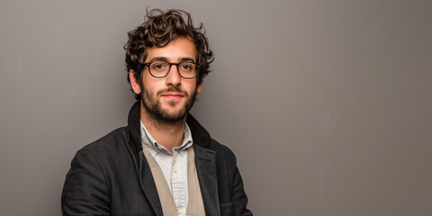 Obraz premium Stylish Young Man with Glasses Posing Against a Neutral Background