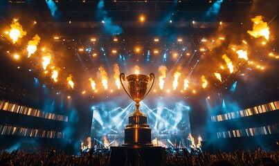 A gold trophy on a stage with fire and lights.