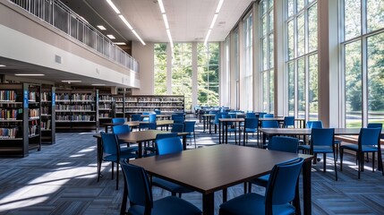 Fototapeta premium Modern library interior design with blue chairs and large windows providing natural light