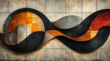 Abstract wall art featuring flowing shapes and warm colors against a textured background.