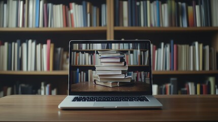 Laptop showing stack of books in library setting