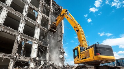 Demolition excavator bringing down old office building