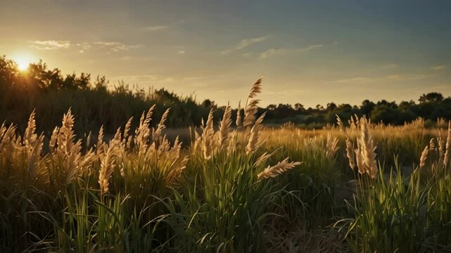Animation of Winter&rsquo;s Cool Silence Over Reed Grass. Quiet winter light on frost covered reed grass fields. Realistic motion.