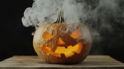 close-up of holloween pumpkin on wooden table, smoke float up on black background