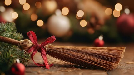 A charming decorative broom adorned with a red ribbon, placed beside festive ornaments on a rustic wooden surface, evoking a warm holiday atmosphere.