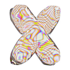 3d Letter X with an iridescent white rainbow swirling pattern suitable for graphic design, branding, backgrounds, and vibrant artistic projects.
