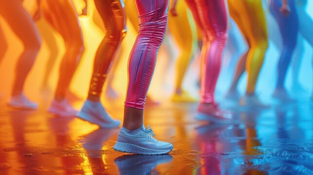 Dance fitness class, dynamic action, vibrant colors, studio setting, energetic