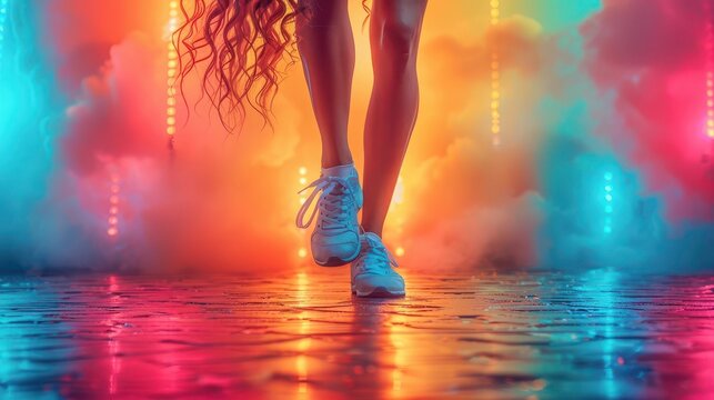 Dance fitness class, dynamic action, vibrant colors, studio setting, energetic