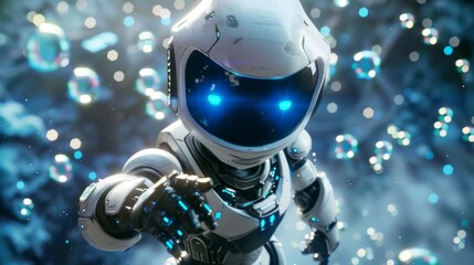 Fototapeta premium Positive cute robot pointing at a space. Copy space