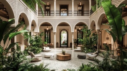 Step into a stunning Moroccan riad featuring an open courtyard adorned with intricate tile work, minimalist furnishings, and flowing natural light among lush greenery. Generative AI
