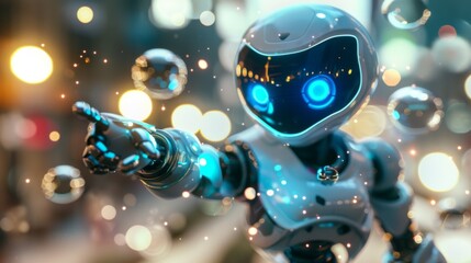 Positive cute robot pointing at a space. Copy space