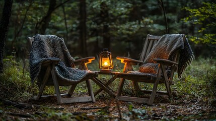 Cozy Outdoor Retreat A Tranquil Scene with Lanterns and Comfortable Chairs in a Forest Setting