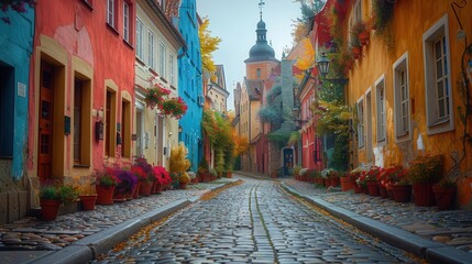 Obraz premium Historic European city, vibrant colors, iconic structures, wide shot, inviting