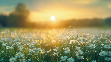 Fototapeta premium A flower field at dawn, with the rising sun casting a soft glow over the dewy petals 