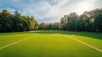 A serene outdoor cricket net practice area with lush green grass, freshly painted white lines, and a backdrop of trees