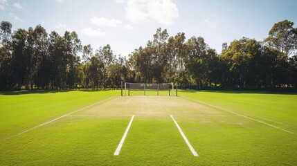 A serene outdoor cricket net practice area with lush green grass, freshly painted white lines, and a backdrop of trees
