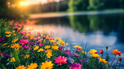 Obraz premium A flower field near a shimmering lake, with the water reflecting the bright colors of the surrounding flowers 