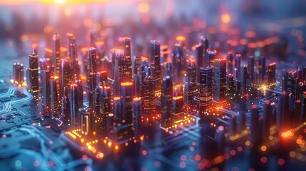 Smart city infrastructure, vibrant colors, cityscape, digital graphics, modern